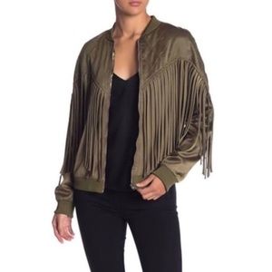 NWT Endless Rose Olive Green Satin Fringe Bomber Jacket